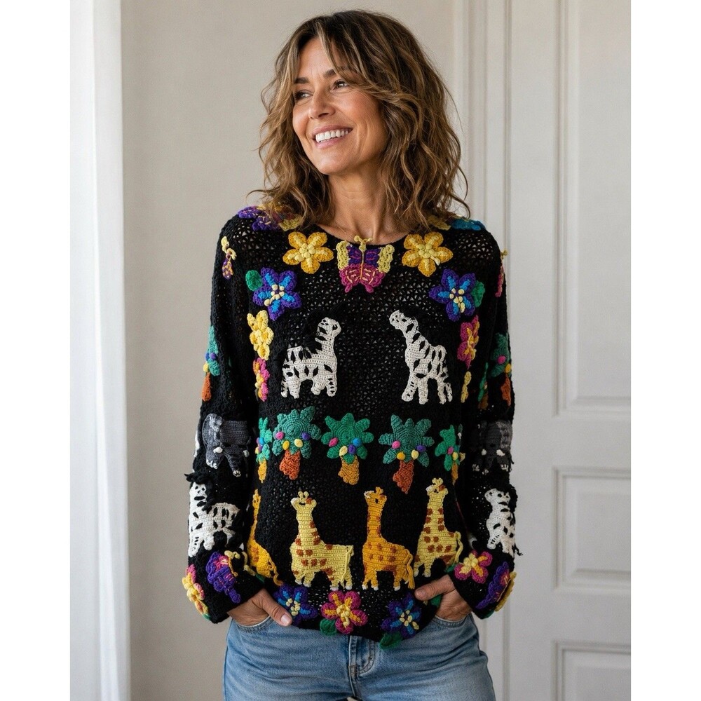 Vintage Berek 2 Crochet Knit Pullover Sweater Animals Women’s Size M/L Colorful